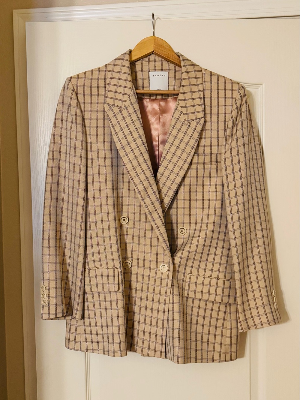Sandro Tan Plaid Double-Breasted Blazer